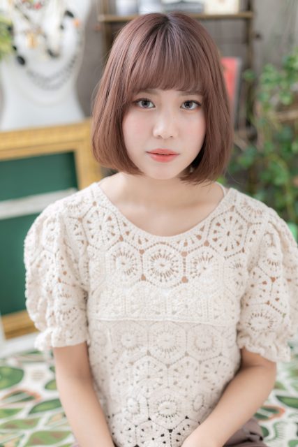 ピンクブラウンシースルーバング前下がりロブ