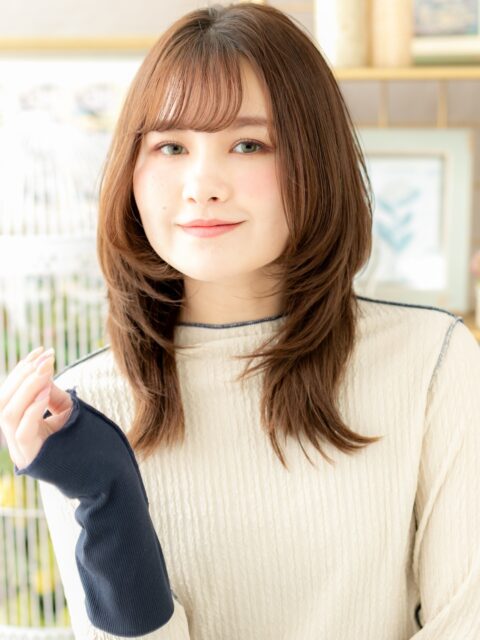 斜めバングオレンジベージュミディアム20代30代