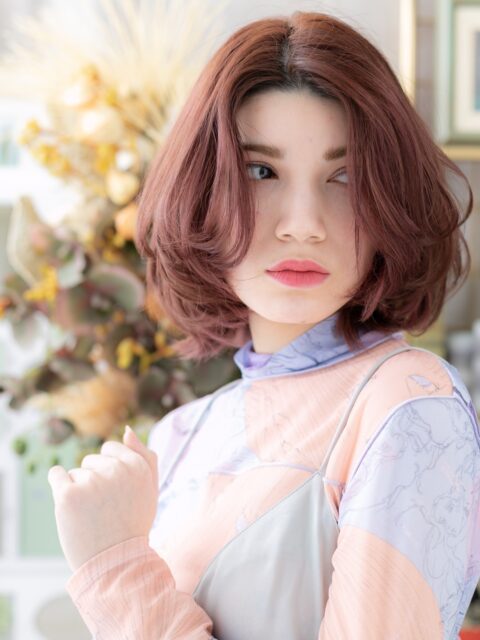 大人可愛いミルクティーピンクボブパーマ20代30代