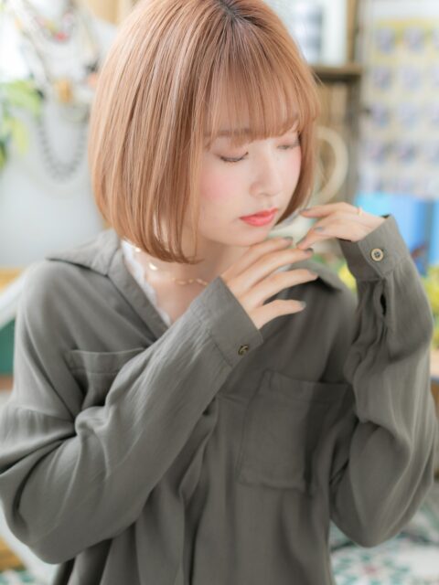 大人可愛い透明感アプリコットボブ20代30代