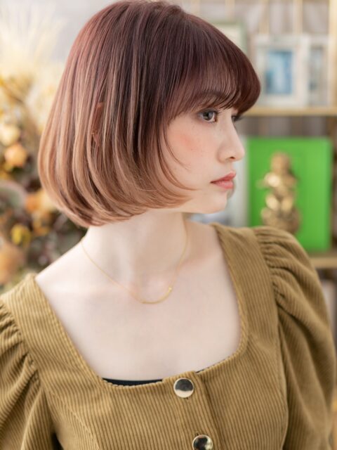 大人可愛いグラデーションピンクブラウンボブ20代30代