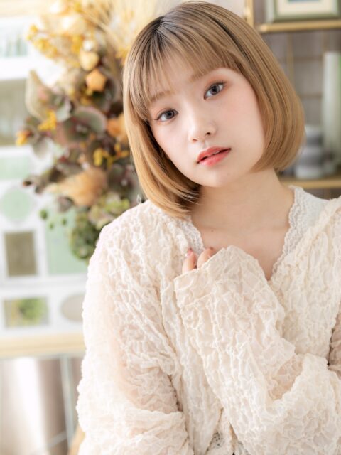 大人可愛いミルクティーブラウン顎ラインボブ20代30代