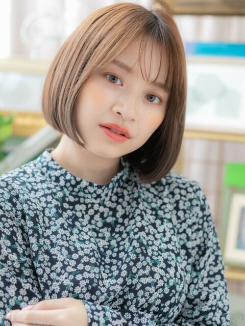 大人可愛い暖色系透けバングボブ20代30代
