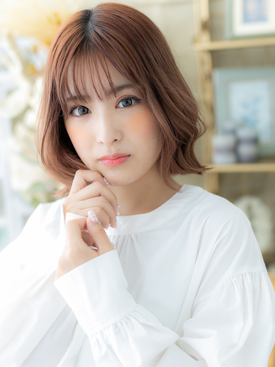 ベージュピンクブラウン外ハネボブパーマ20代30代40代